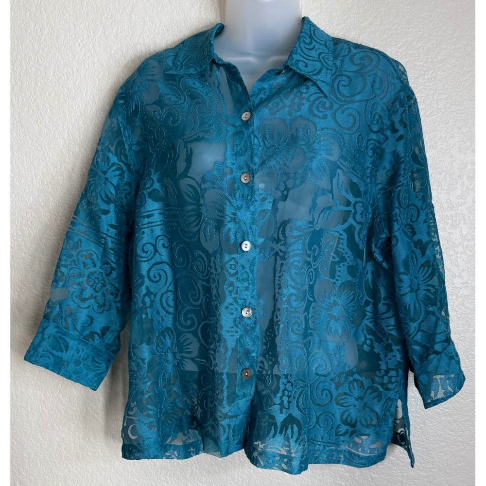 West End Womens Large Teal Sheer Floral Lace Button Up 3/4 Sleeve‎ Blouse Top